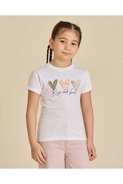 REDTAG Girls White Hearts Print T-Shirt