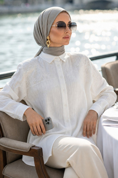 N.S NEVA STYLE İnci Nakışlı Ekru Tesettür Tunik 10092E