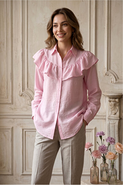 SADEL Yakası Fırfırlı Düğme Kapamalı Rayon Tunik - Pembe