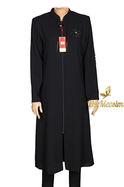 Hermevsim Hesna Women's Hira Crepe Fabric Black Araboy Ferace with Stand Coll...