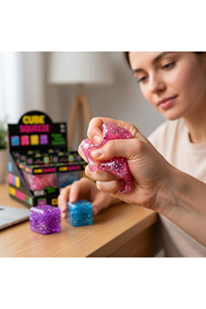 Squishy Cube Squeez 1 bucată, Jucărie antistres 6cm cu sclipici, 5 ani+