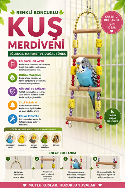 Petshop Renkli Boncuklu Ahşap Kuş Merdiveni Tırmanma Oyuncağı | Muhabbet Kuşu...