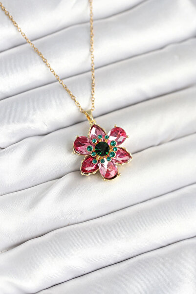ARMÜZ Pink Flower Model Women's Necklace with 316L Steel Chain