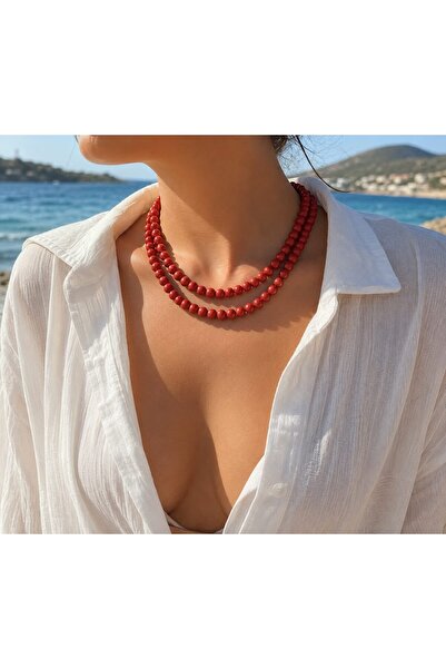 Sinem Şanlı Atelier Camellia Red Handmade Glass Bead Two-Row Necklace – 40 + ...