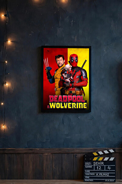Halura Deadpool Wolverine Desenli Ahşap Görünümlü Çerçeve | 15x21, 21x30, 30x...