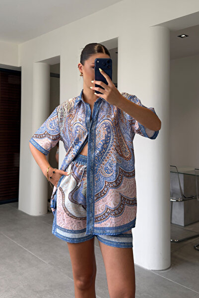 MAGARDE Linen Patterned Shorts and Shirt Set - Blue