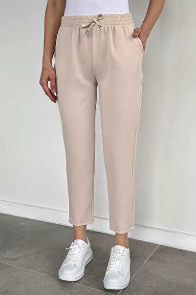 Aryena Stone Women's Elastic Waist Fabric Trousers