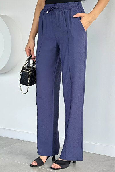 Aryena Navy Blue Women's Tencel Fabric Pants with Elastic Waist