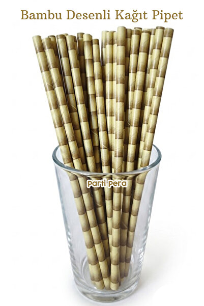 parti pera Bambu Desenli Kağıt Pipet Pakette 25 Adet