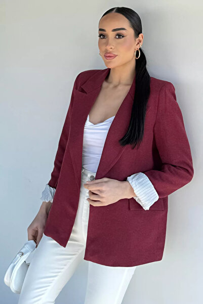 Aryena Burgundy Perry Women's Double-Breasted Collared Lined Linen Jacket