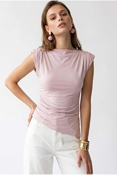Mixray 2167 Women's Draped Padded Boat Neck Blouse Pink