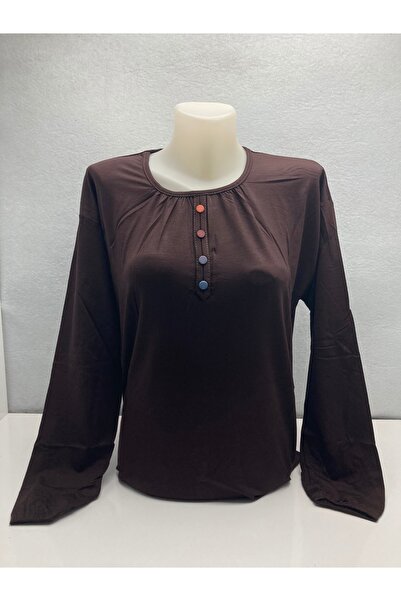 LÜKS MİRAYDA Dark Brown Half Button Elasticized Sleeves Long Sleeve Mom Combe...