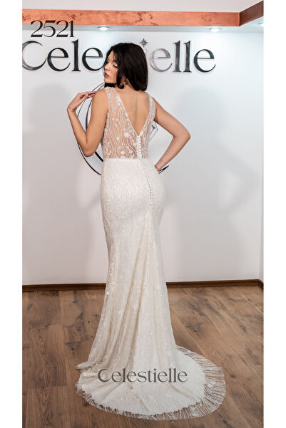 Celestielle Rochie de mireasă sirenă mulată, fără mâneci, cu spate gol și dantelă florală cu paiete
