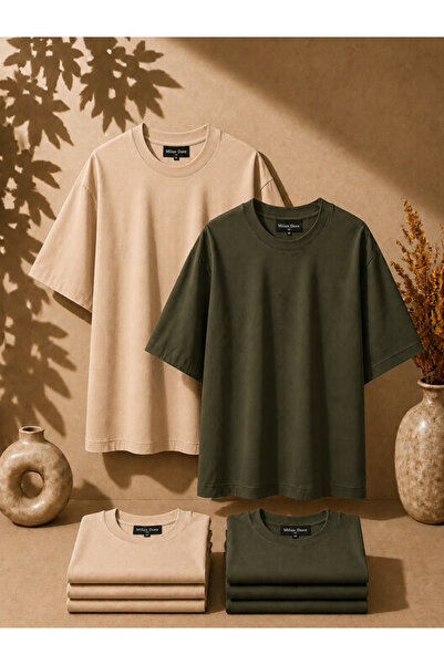 MİLANDORE 2-Pack Unisex Beige-Khaki Oversize T-Shirt Set - Crew Neck Basic T-...