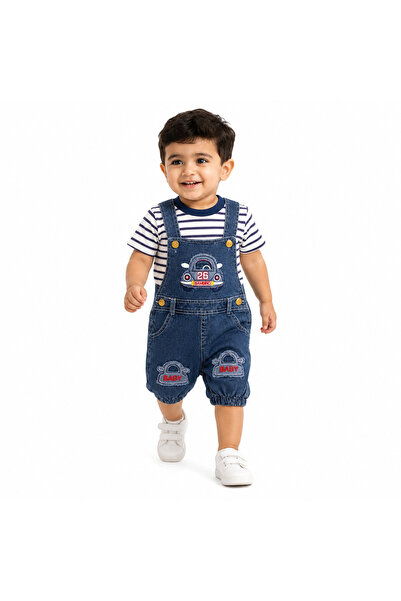 Generic Slobbit Jeans Set with Car Embroidered Striped T-Shirt for Kids