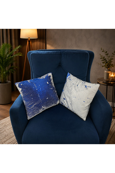 LADİJİTAL BASKI ÇÖZÜMLERİ Blue and White Sequined Shiny Cushion Cover, Pack of 2