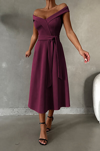 Deafox Plum Scuba Fabric Madonna Collar Belted Dress