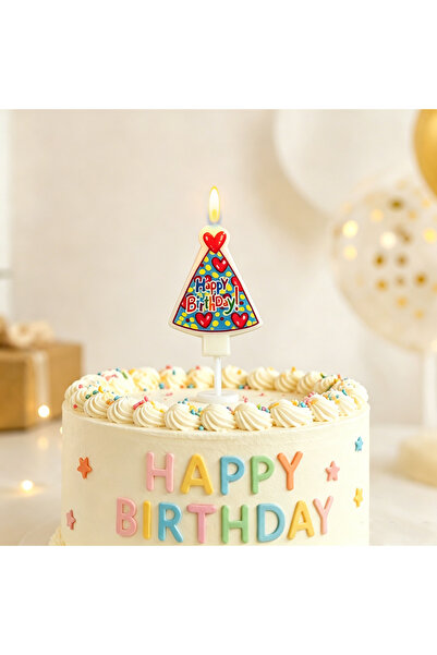 Re Cake candle party hat with Printed "Happy Birthday", colorful festive deco...