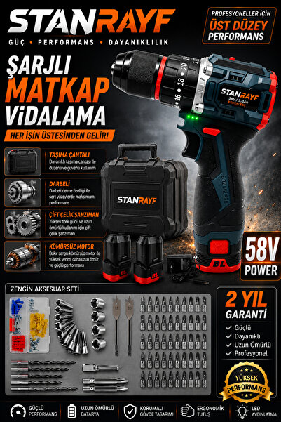 stanrayf Alman 58V 10AH Çelik Şanzıman Bakır Sargılı Darbeli Şarjlı Akülü Vid...