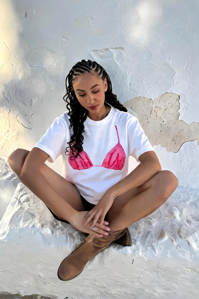 CİNEMA MODA Vintage Bikini Printed Relaxed Fit Women's White Tshirt