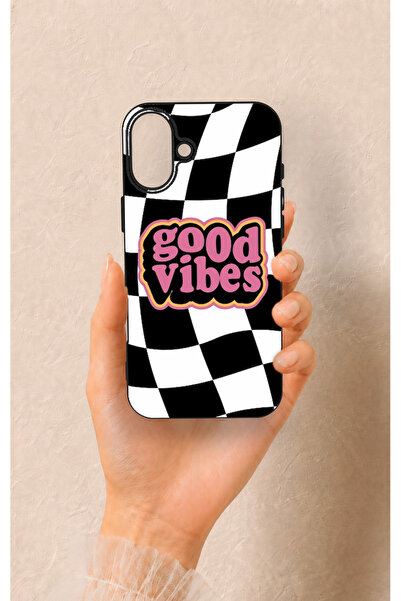 Vip Case iPhone 16 Plus Uyumlu Black Good Vibes Desenli Silikon Kılıf