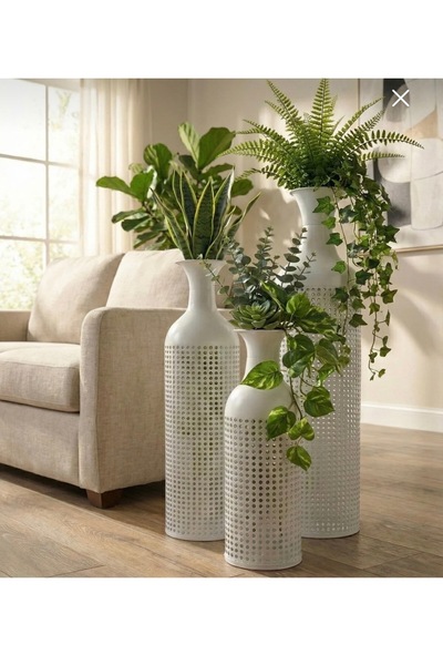 Noor High Quality Vase Set (Vases), Iron, White Color, with Beautiful Decorat...