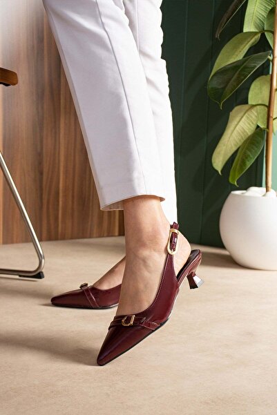 Aymood Two-Buckle Hazelnut Heel Women's Shoes 4 cm Patent Leather Burgundy