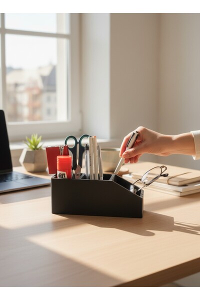 usin Black Multi-Purpose 3-Compartment Desktop Home Office Study Desk Pen Holder Paper Clip Holder Pen Box