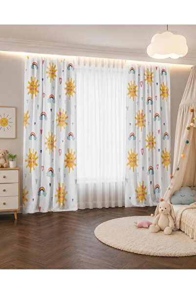 HOMESSA Sarı Güneş Gökkuşağı ve Bulut Desenli Çift Kanatlı Fon Perde