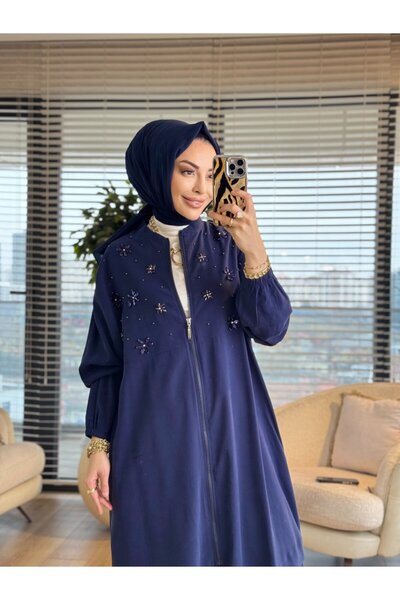 ALANURMODA 15253 حقيبة أمامية بتطريز زهور حجرية وجيب بسحاب باللون الأزرق الداكن