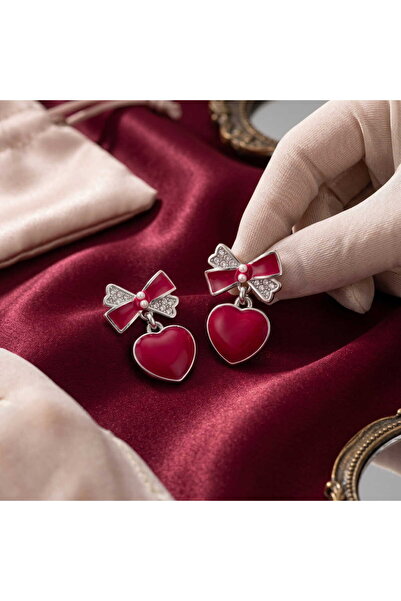toptanhanem The Star of Combinations! Burgundy Color Bow Heart Earrings - Tar...