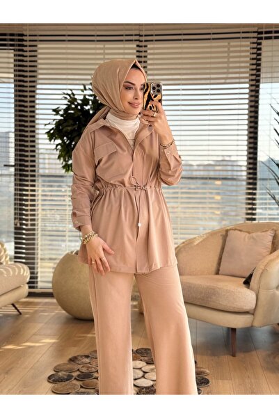 ALANURMODA 7459 Pocketed Drawstring Waist Suit Beige