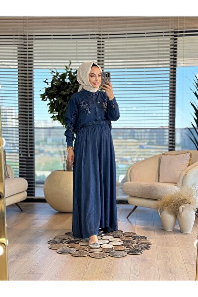 MİA NOURA 1936 Tencel Üstü Pul Ve Sim Nakışlı Gömlek Koyu Mavi