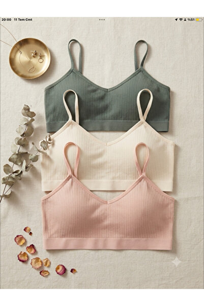 EU Tekstil Fitilli V Yaka İnce Askılı Esnek Crop Top Büstiyer Pura/Krem/Haki ...