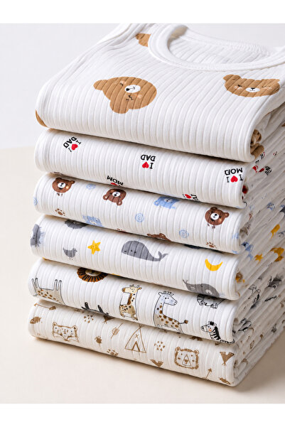 VANİLLİA Organic 100% Cotton Cute Printed Baby Boy Bodysuit Jumper Set of 6 N...