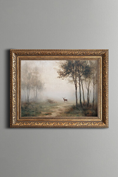 epiqart Foggy Forest and Deer - Vintage Patterned Painting - Thick Model