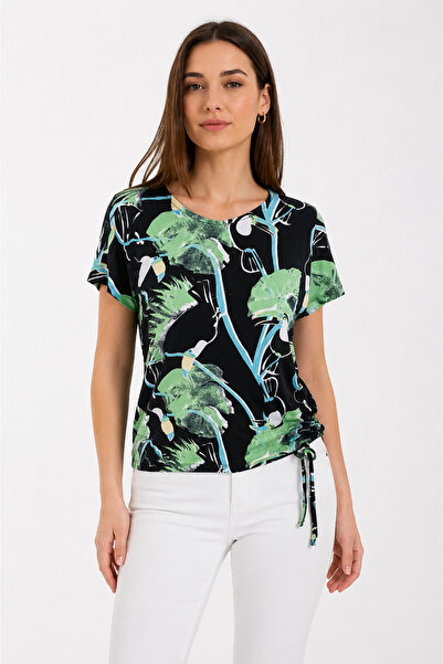 Neden Tekstil Women's Green Black Tropical Patterned Short Sleeve Blouse