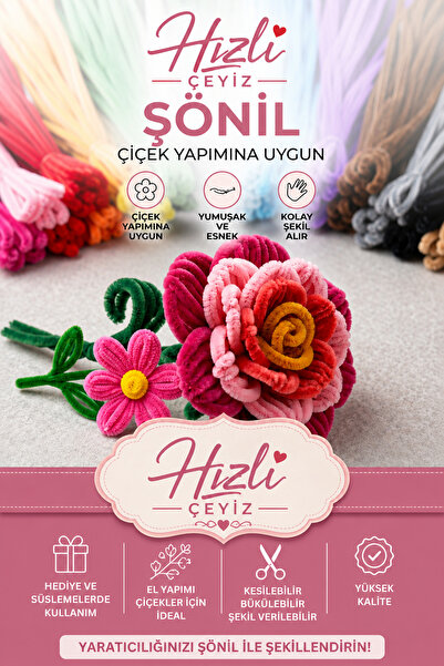 Hızlı Çeyiz 100 Adet PEMBE Renk Peluş Tüylü Şönil Seti