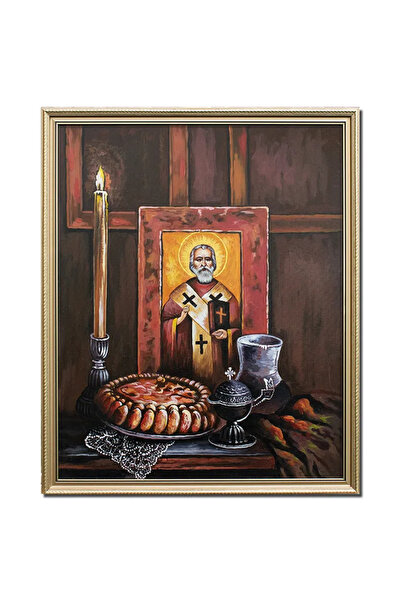 artnova Рамкирана картина със Свети Николай, ръчно рисувана с маслени бои вър...