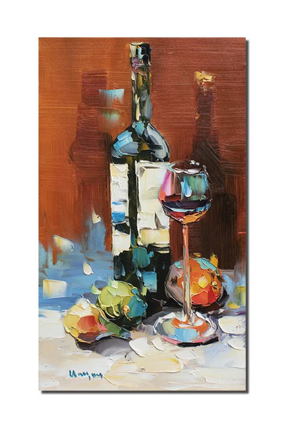 artnova Натюрморт с чаша и бутилка вино, ръчно рисувана картина, 50x30см, мас...