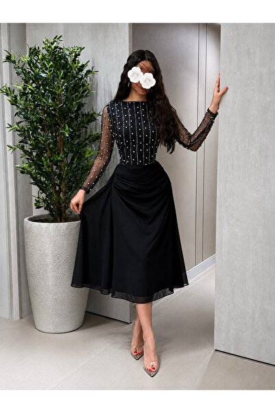 Jood Soft Embroidery Evening Dress Midi Length Party Dress with Sheer Sleeves