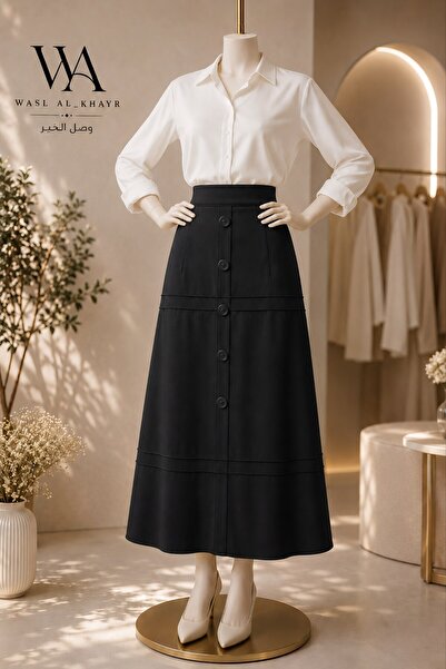 WASL ALKHAIR Women's A-Line Maxi Skirt with Button Front and Stylish Stripes
