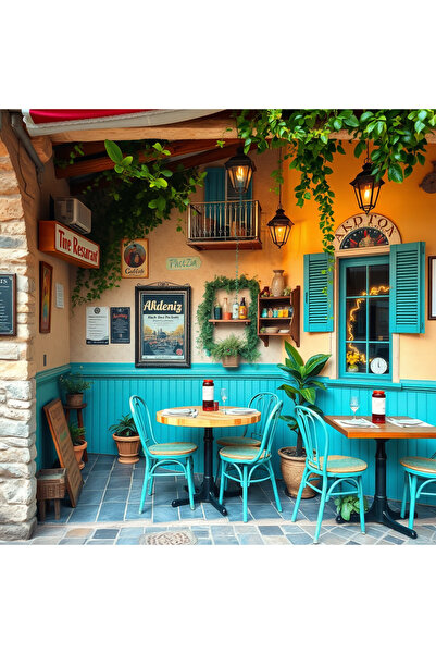 Mefan Duvarda Sanat Kafe & Restoran Akdeniz Avlusu Kendinden Yapışkanlı Duvar...