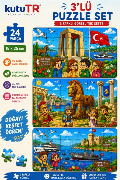 kutuTR Çanakkale Hatıra Ahşap Puzzle Seti 24 Parça 18x25 cm Eğitici Çocuk Puz...
