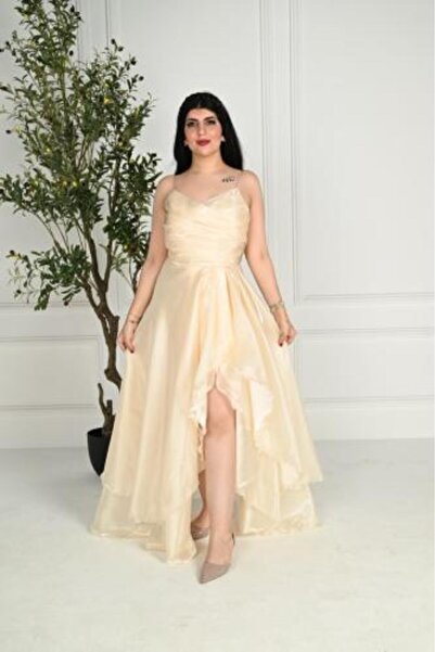 vela Luxurious Beige Organza Dress with a Polished Bustline and a Tiered, Ruf...
