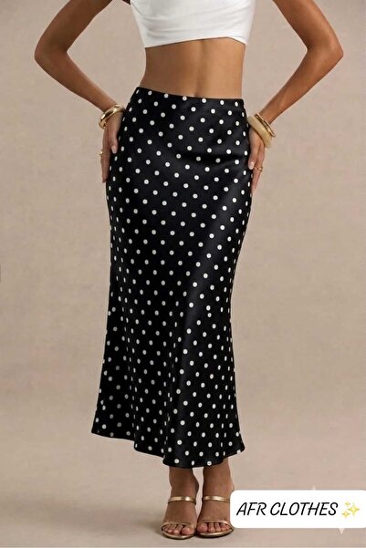 AFR CLOTHES Women's Black-White Satin Polka Dot Skirt - Lined Inside - Maxi T...