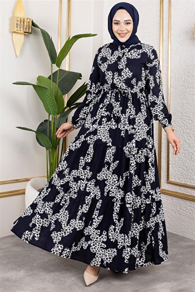 Mestore Leopard Patterned Viscose Dress Dark Blue