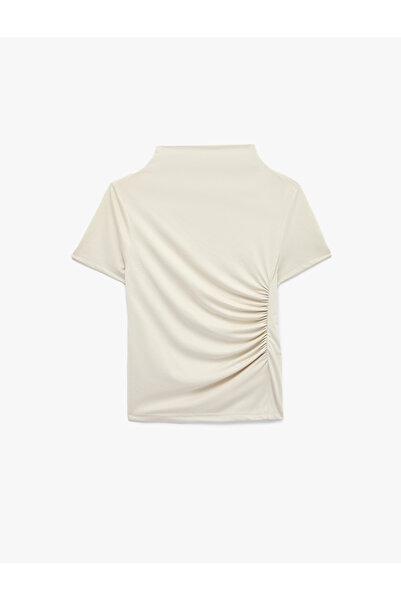 Koton Modal Fabric Slim Fit Draped Short Sleeve Wide Stand Collar Blouse