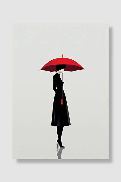 Luna Marissa Minimalistički poster Žena u crnoj haljini sa crvenim kišobranom...
