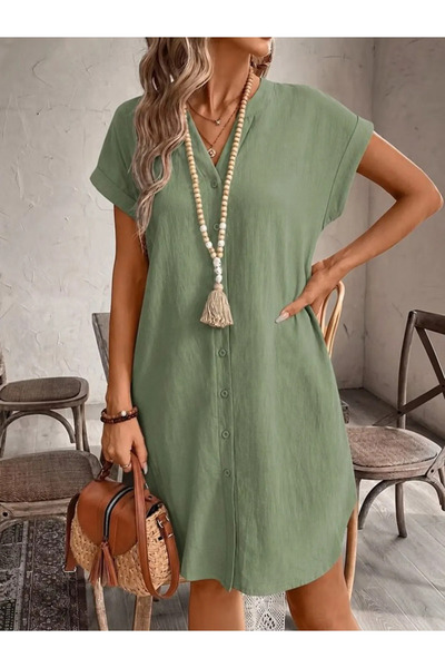 Generic Brand Women's Short Sleeve V-Neck Short Linen Dress